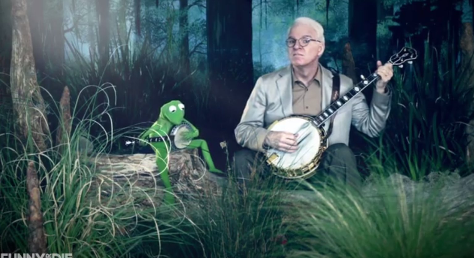 Kermit the Frog and Steve Martin: duelling banjos